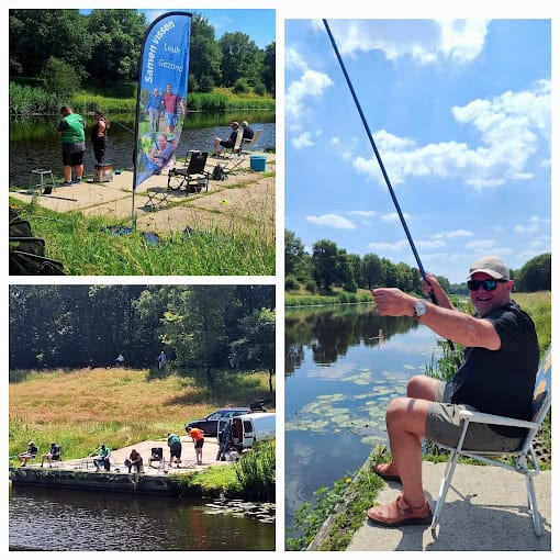 Jouw dagbesteding, jouw nieuwe plek. Collage van drie afbeeldingen van mensen die op een zonnige dag aan het vissen zijn langs de rivier. Eén persoon zit met een hengel in zijn hand en de anderen staan of zitten bij het water.